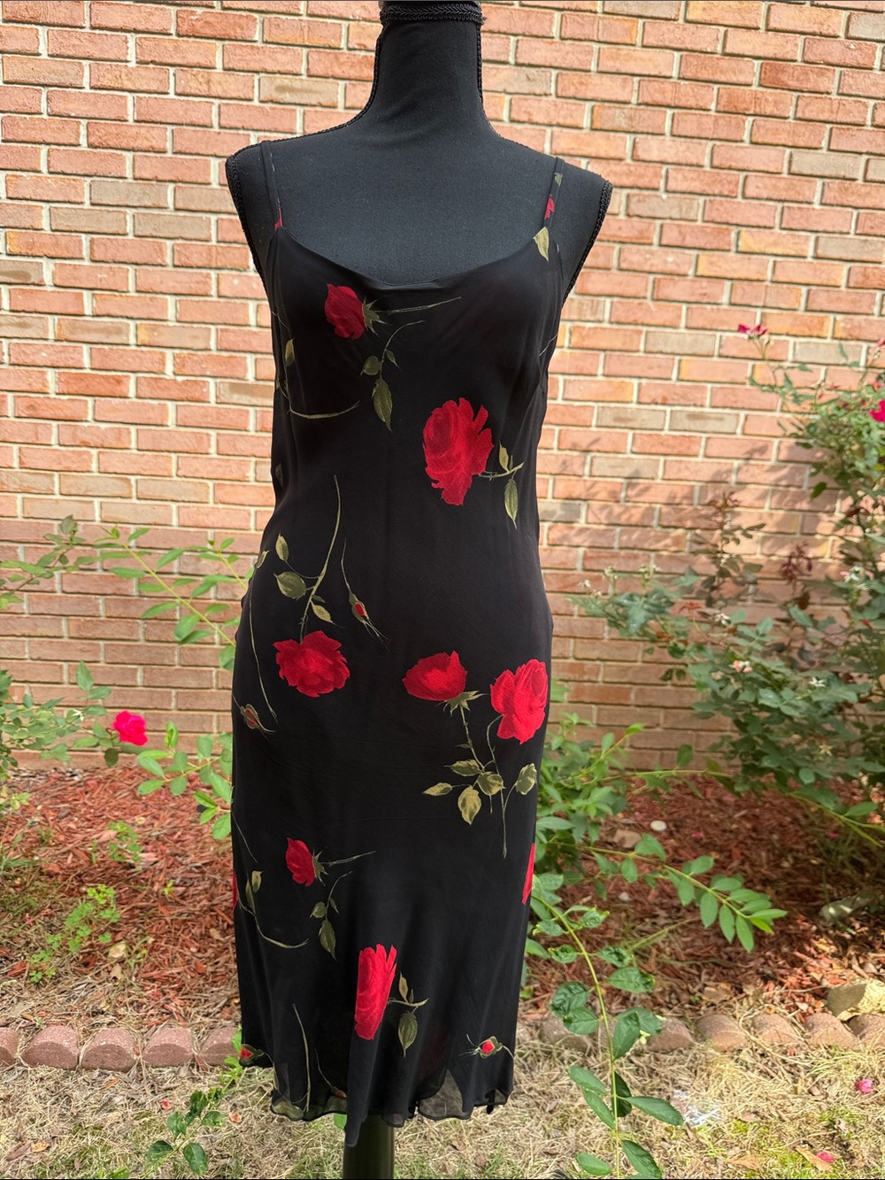 Black Midi Slip Dress with Red Rose Print made in Italy